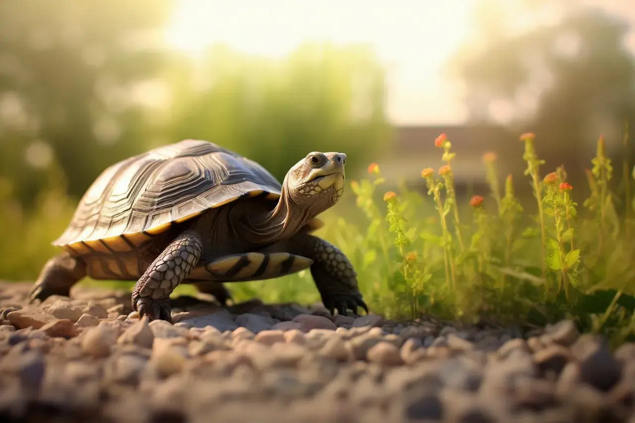 Un bébé tortue, nommé Tortillon, explore un chemin caillouteux sous un soleil doux, entouré de fleurs sauvages.