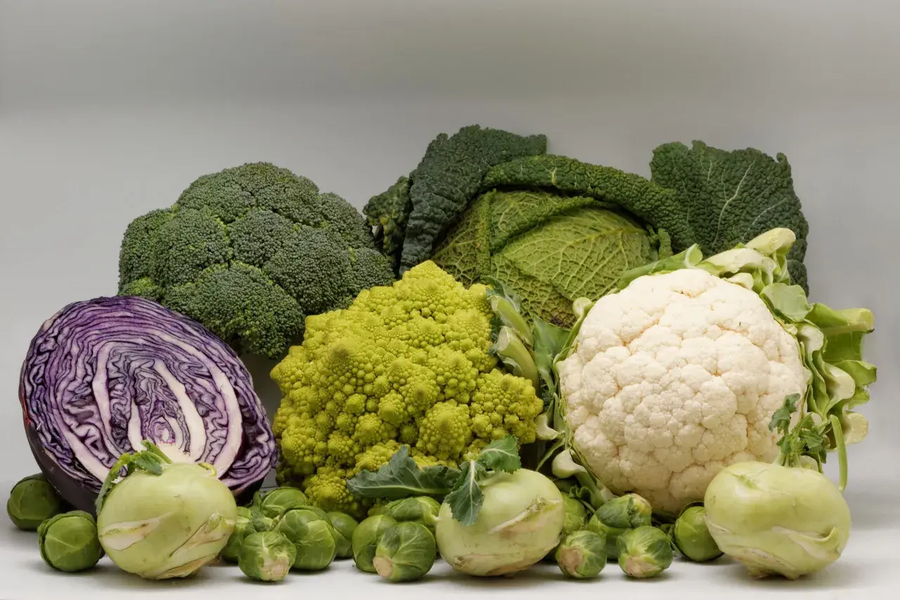Un assortiment de variétés de choux : brocoli, chou rouge coupé, chou-fleur, chou romanesco, chou de Milan, choux de Bruxelles et kohlrabis.