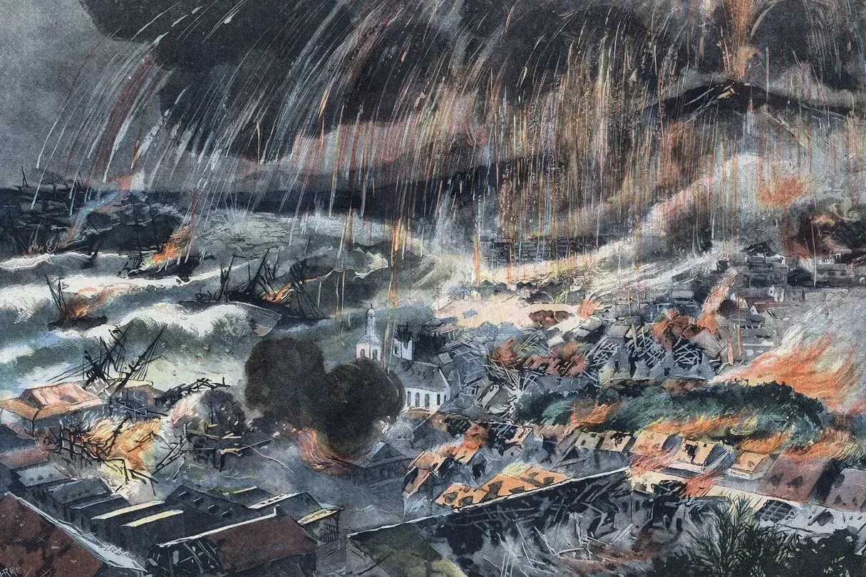 Éruption de la montagne pelée en 1902. La ville est en feu, des bateaux sombrent. Un survivant témoigne de l'horreur.