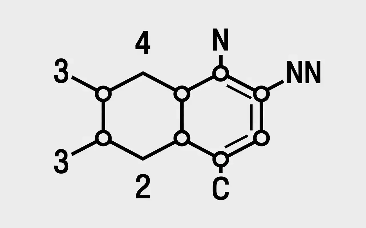 Structure chimique d'une purine, base de l'adénine, essentielle à la vie et à l'hydrolyse de l'ATP.
