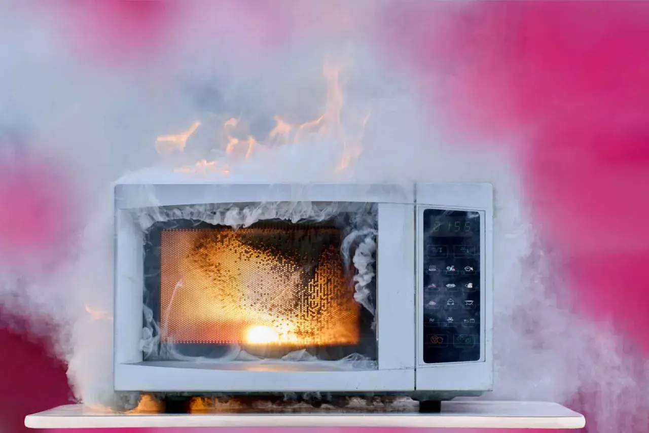 Un micro-ondes en feu, dégageant une épaisse fumée blanche et des flammes orangées. Un véritable danger micro onde.