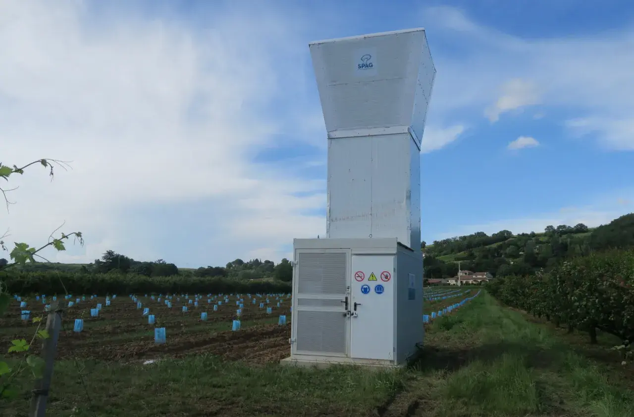 Un canon anti-grêle SPAG se dresse dans un vignoble, prêt à protéger les jeunes plants des orages.