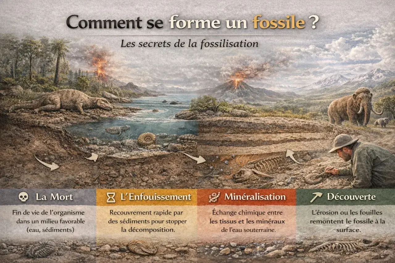 Les 4 types de fossiles : mort, enfouissement, minéralisation et découverte. Illustration d'un paysage préhistorique avec mammouths et volcans.