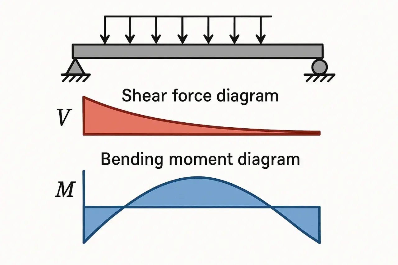 Diagrammes de force tranchante et de moment fléchissant pour une poutre sous charge uniformément répartie. Le moment d'une force formule est illustré.