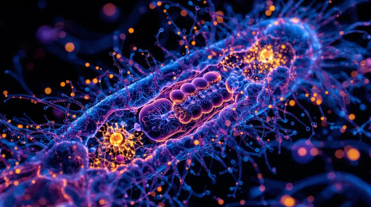 Cellules bleues et oranges lumineuses, évoquant la recherche sur la maladie mitochondriale et l'espérance de vie.