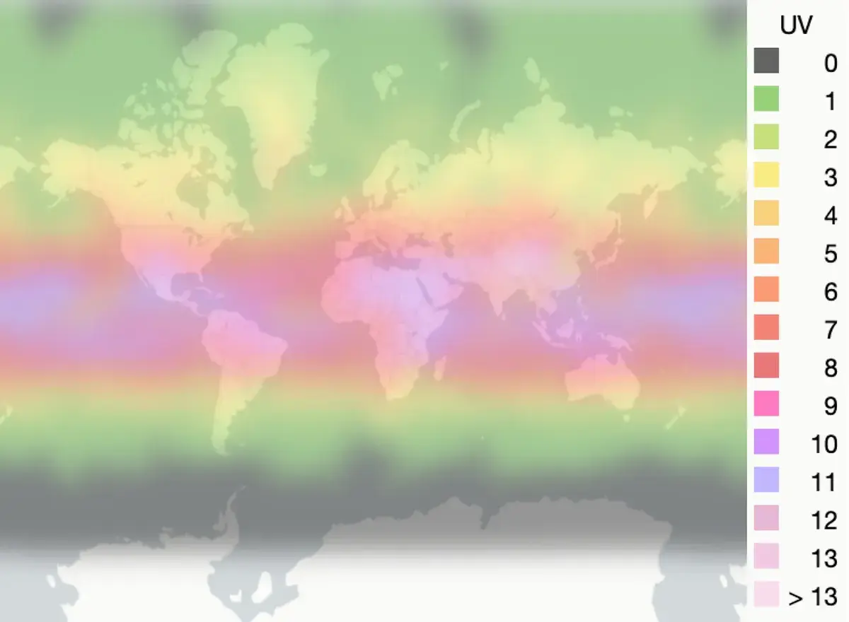 Carte du monde montrant l'indice UV, avec des couleurs allant du vert (faible) au rose vif (très élevé) selon la latitude.