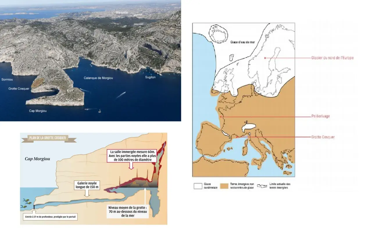 Vue aérienne des Calanques de Marseille, avec la grotte Cosquer. Carte montrant l'Europe il y a 65 millions d'années, avec les glaciers.
