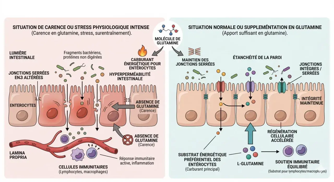 Schéma comparant l'intestin en carence de glutamine (hyperperméabilité, inflammation) et en situation normale où la glutamine maintient l'intégrité et le soutien immunitaire.