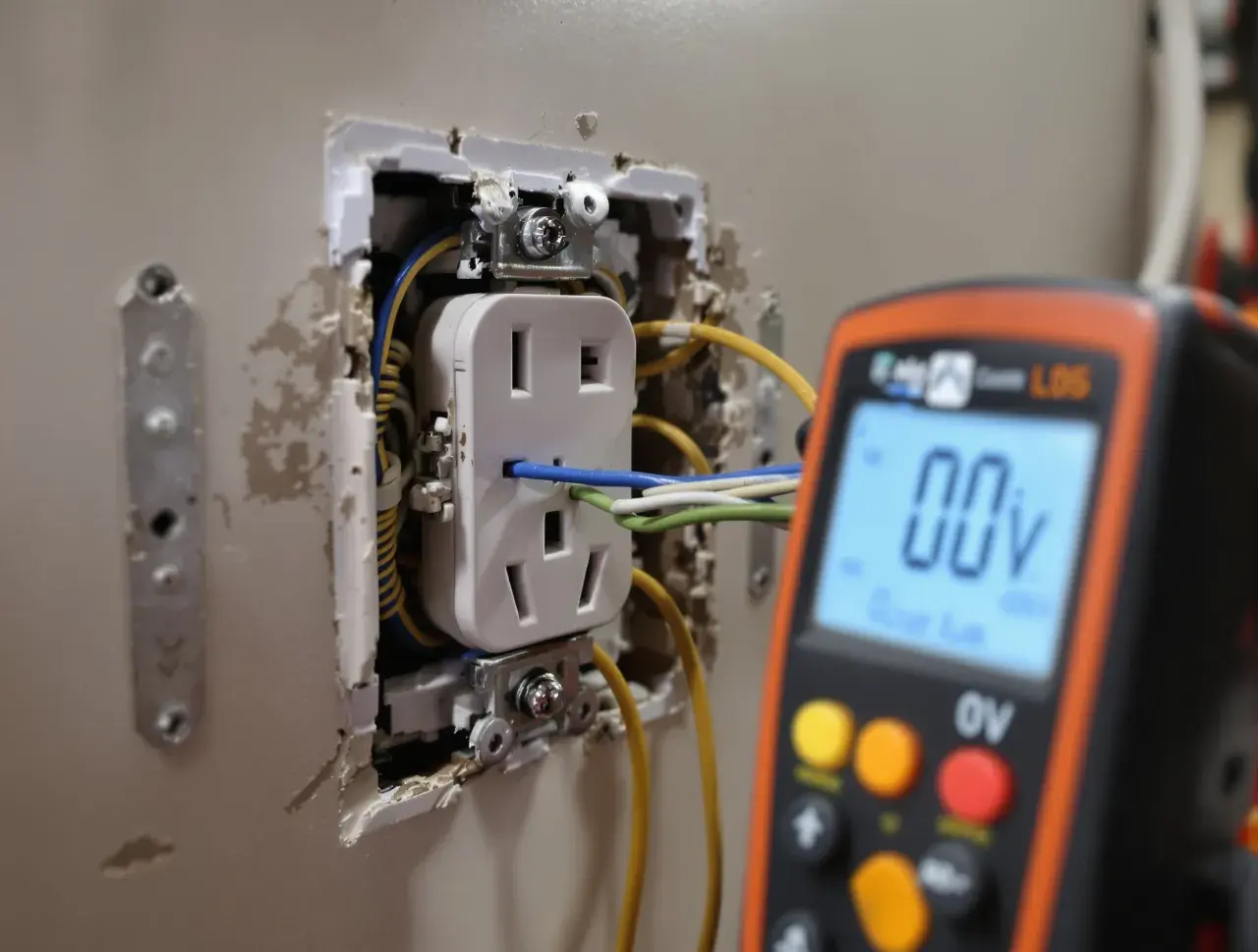Un multimètre affiche 00V, une unité de mesure de la tension, près d'une prise électrique en cours d'installation.