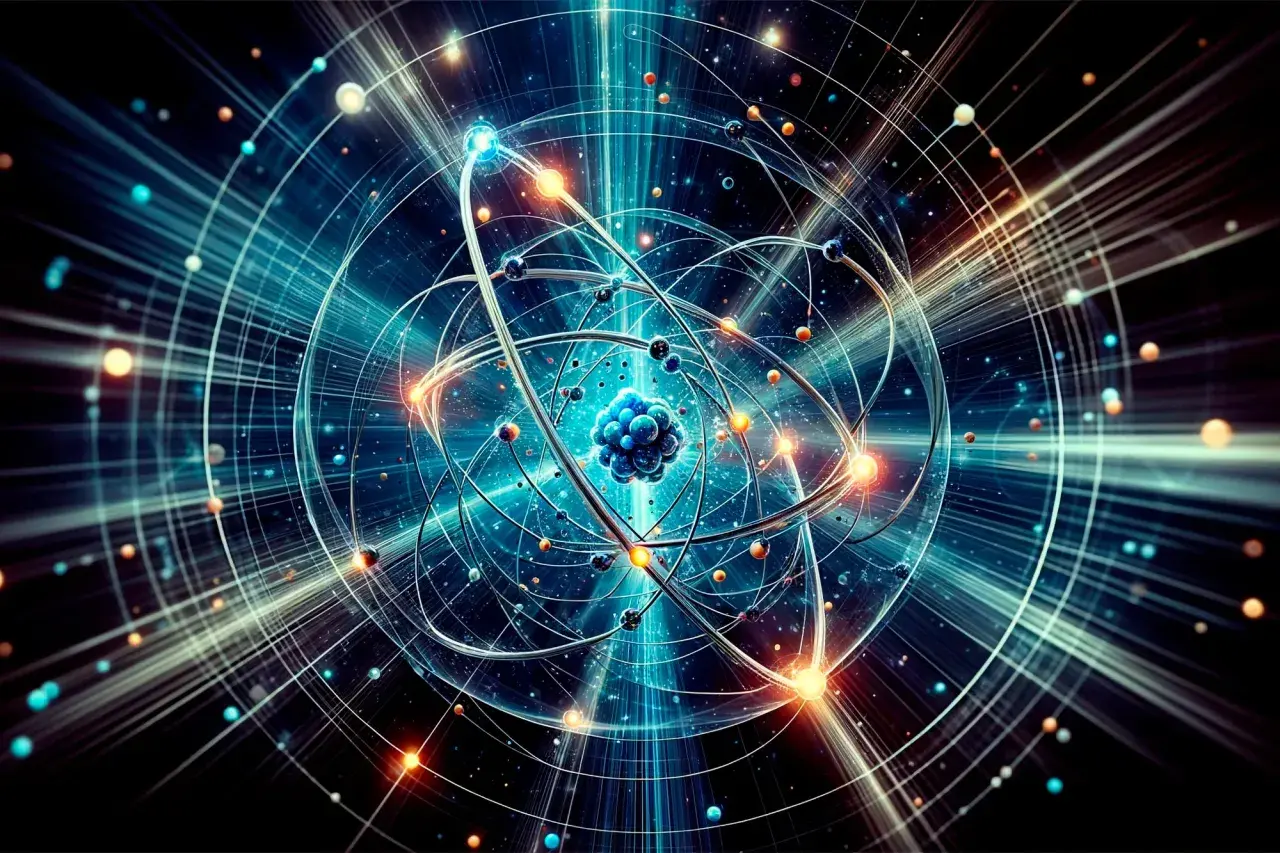 Représentation abstraite de l'état fondamentale d'un atome, avec un noyau central bleu entouré d'électrons orbitant sur des trajectoires lumineuses.