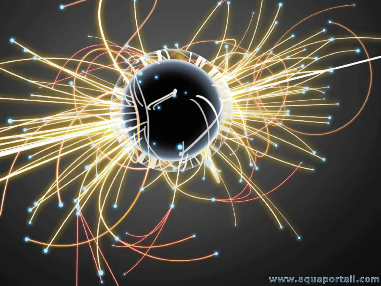 Une sphère noire au centre, entourée de traînées lumineuses jaunes et rouges. C'est quoi un photon ? Une particule de lumière.