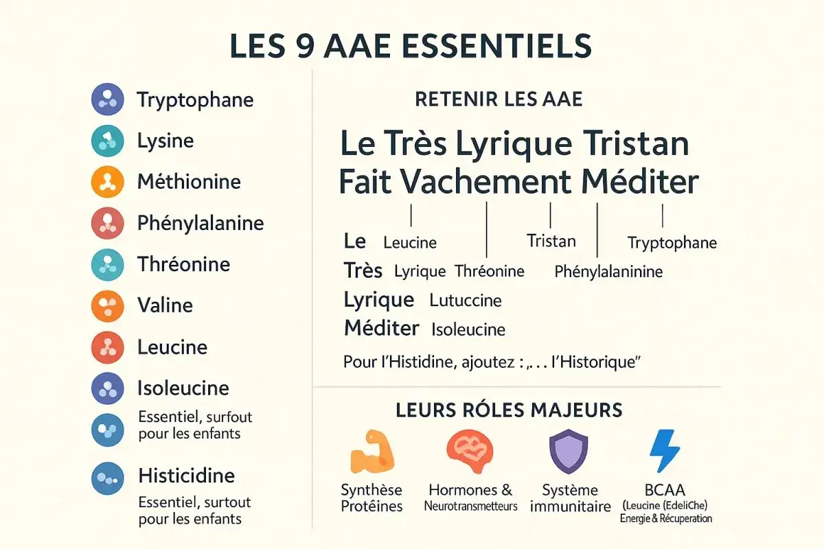Liste des 9 acides aminés essentiels (AAE) avec une phrase mnémotechnique pour les retenir et leurs rôles majeurs.