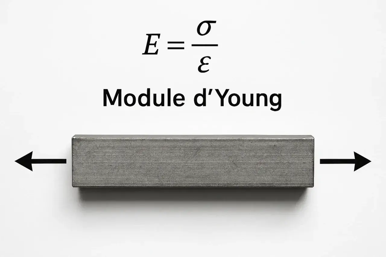 Le module d'Young illustré par une barre métallique soumise à des forces opposées. La formule E = σ/ε est affichée.