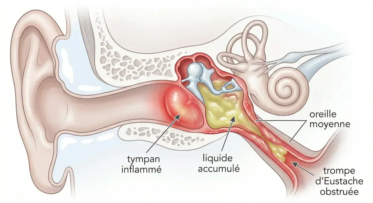 Coupe de l'oreille montrant un tympan enflammé, du liquide accumulé et une trompe d'Eustache obstruée, symptômes d'une otite virale ou bactérienne.