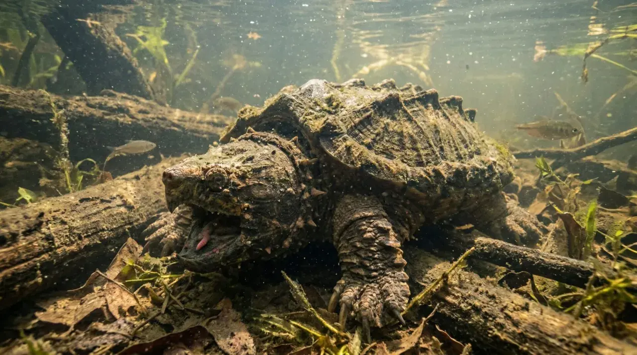 Une tortue alligator préhistorique émerge des profondeurs boueuses, sa gueule ouverte révélant une langue rose.