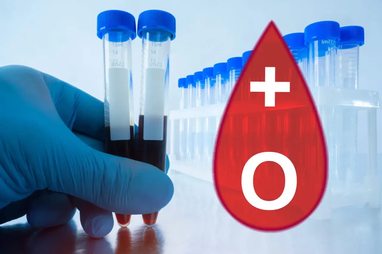 Main d'un technicien tenant des tubes de sang. Une goutte rouge avec un signe + et un O, symbolisant le groupe sanguin O+. Le phénotype rhesus d+c+e-c+e+k- est une information cruciale.