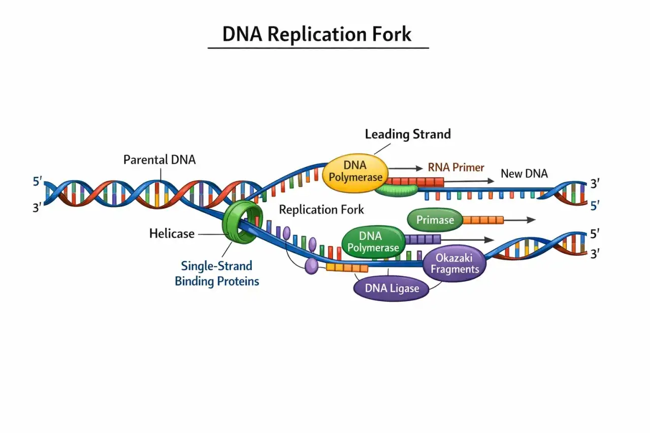Schéma de la réplication de l'ADN : l'hélicase sépare la double hélice, la primase crée des amorces, et les ADN polymérases synthétisent les nouveaux brins, formant des fragments d'Okazaki.