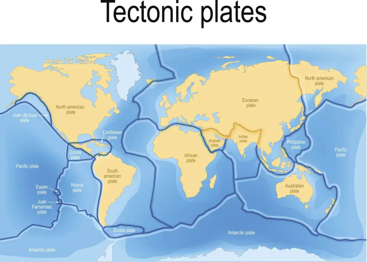 Carte des plaques lithosphériques, montrant les plaques tectoniques comme la plaque Pacifique, Nord-Américaine et Eurasienne.