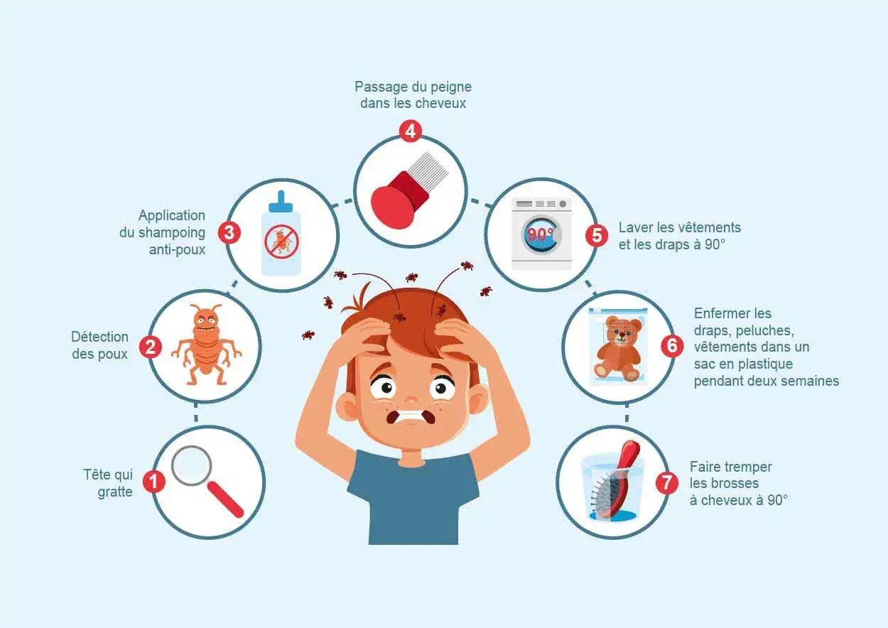 Un enfant se gratte la tête, entouré d'indices sur d'où viennent les poux et comment s'en débarrasser : détection, traitement, lavage et confinement.