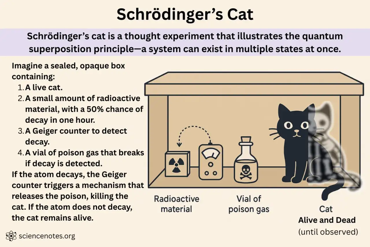 Le chat de Schrödinger, concept de physique quantique, est représenté dans une boîte avec du matériel radioactif, un compteur Geiger et un flacon de poison. Il est à la fois vivant et mort jusqu'à observation.