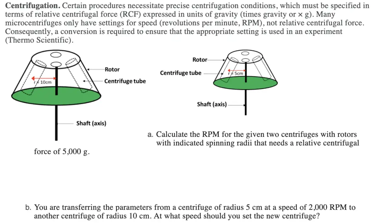 Schéma de centrifugation montrant deux rotors avec tubes, un de rayon 10 cm et l'autre de 5 cm. Calculer la centrifugation g et rpm.