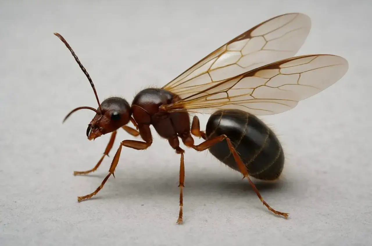 Gros plan d'une fourmi volante, reine potentielle, avec ses ailes translucides déployées.