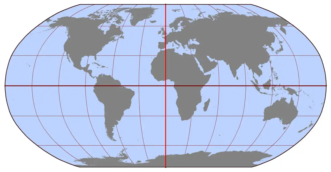 Carte du monde avec le méridien de Greenwich et l'équateur tracés en rouge.