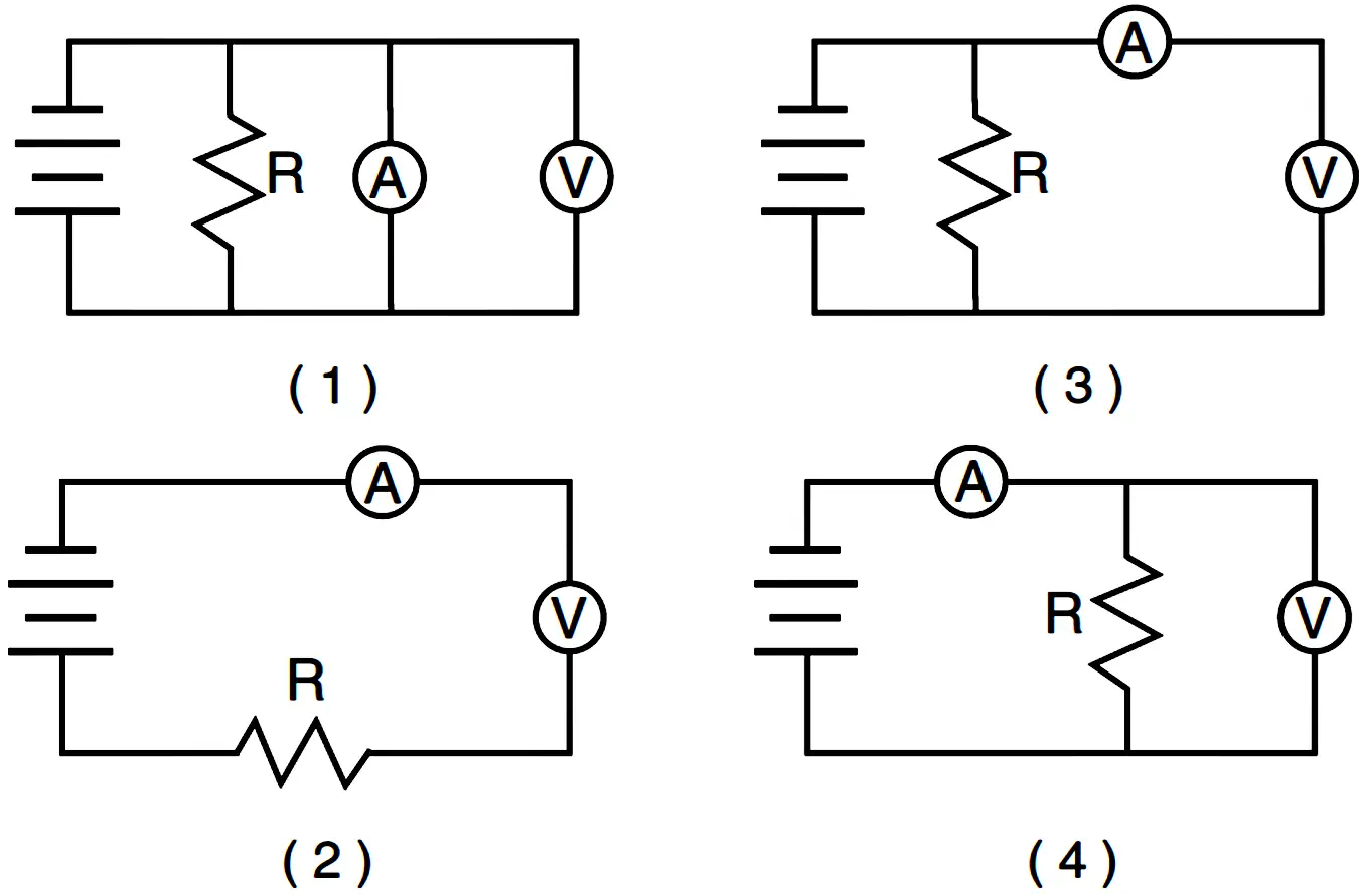 Schémas électriques montrant des circuits avec des résistances, des batteries, des ampèremètres et des voltmètres. Le voltmètre est une unité de mesure de la tension.