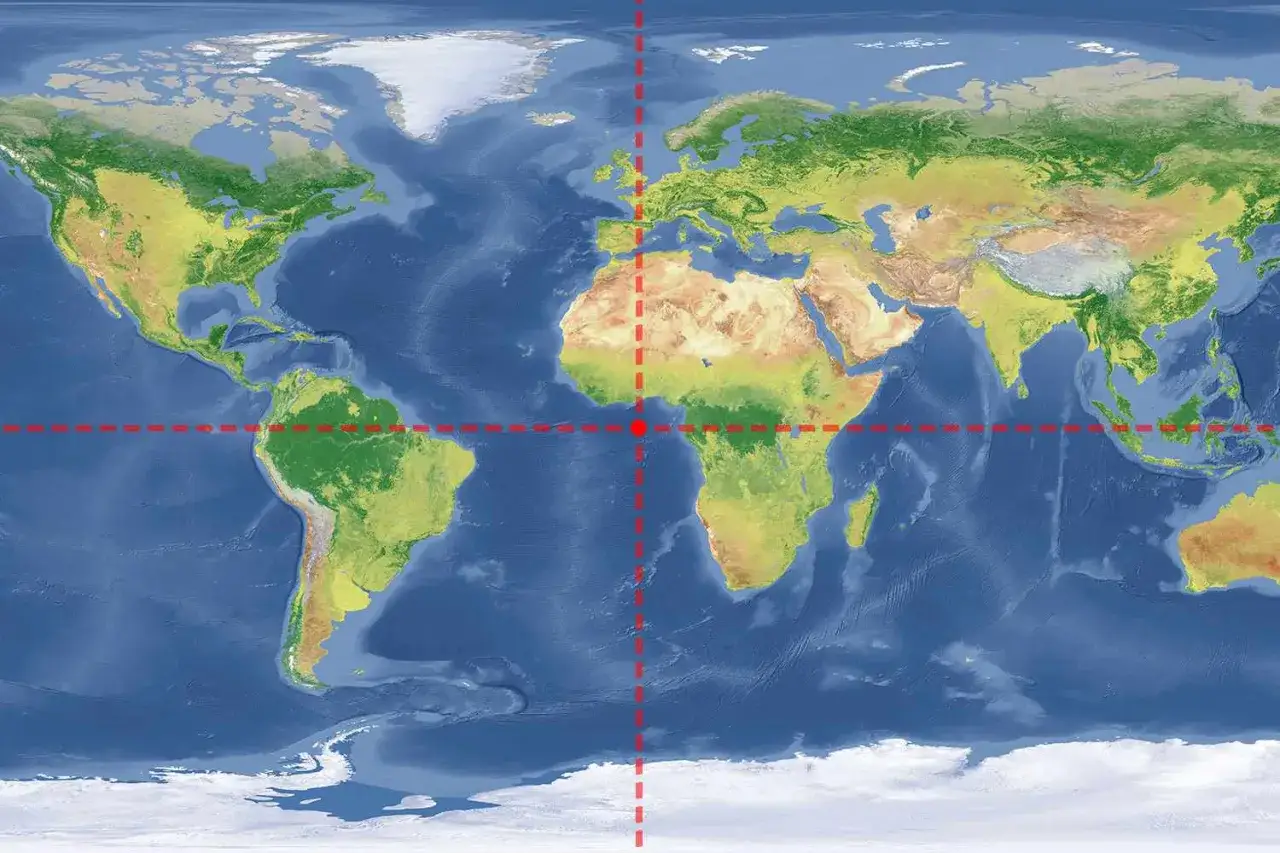 Carte du monde avec la ligne rouge de l'équateur traversant l'Amérique du Sud, l'Afrique et l'Asie.