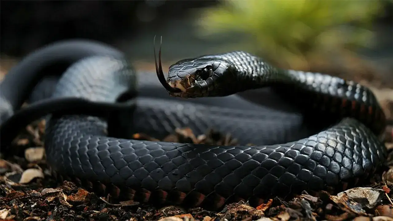 Un serpent mamba noir, aux écailles sombres et luisantes, sort sa langue fourchue pour sentir son environnement.