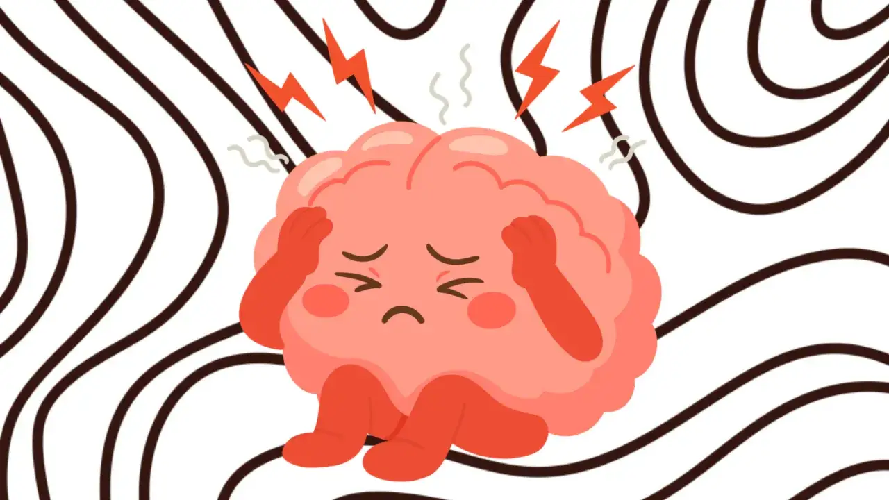 Cerveau stressé, mains sur la tête, éclairs. Illustration symbolisant le stress chronique et son traitement.