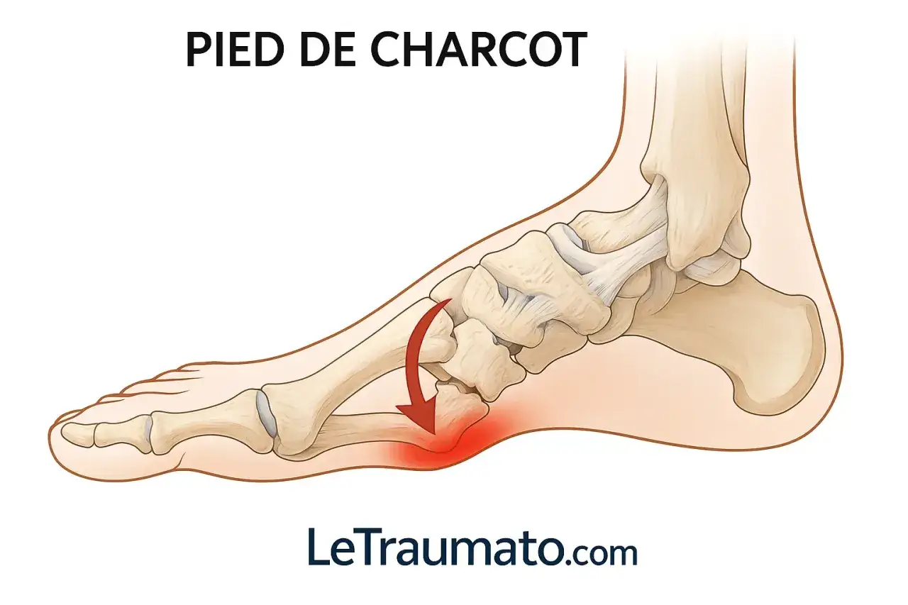 Illustration anatomique du pied montrant la déformation osseuse caractéristique du pied de Charcot, avec une zone rouge indiquant l'inflammation.