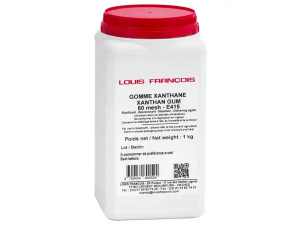 Bocal de gomme xanthane Louis François. Bien que la gomme xanthane ne présente pas de danger particulier, il est conseillé de la conserver à l'abri de l'humidité.
