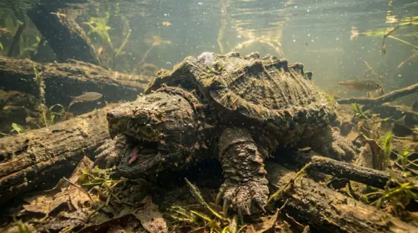 Une tortue alligator préhistorique émerge des profondeurs boueuses, sa gueule ouverte révélant une langue rose.